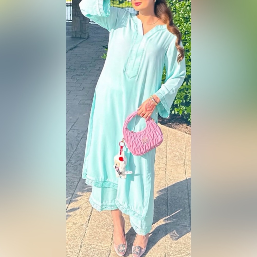 Teal Blue Chiffon silk long shirt with trousers (Pakistani dress)